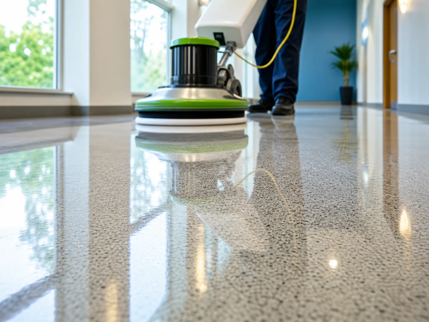 A freshly polished floor with a clean reflective shine