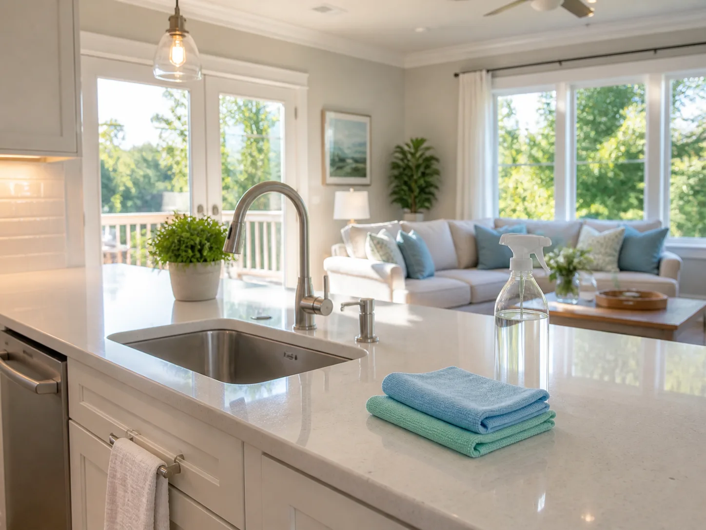 A spotless home kitchen and living area after a residential deep clean